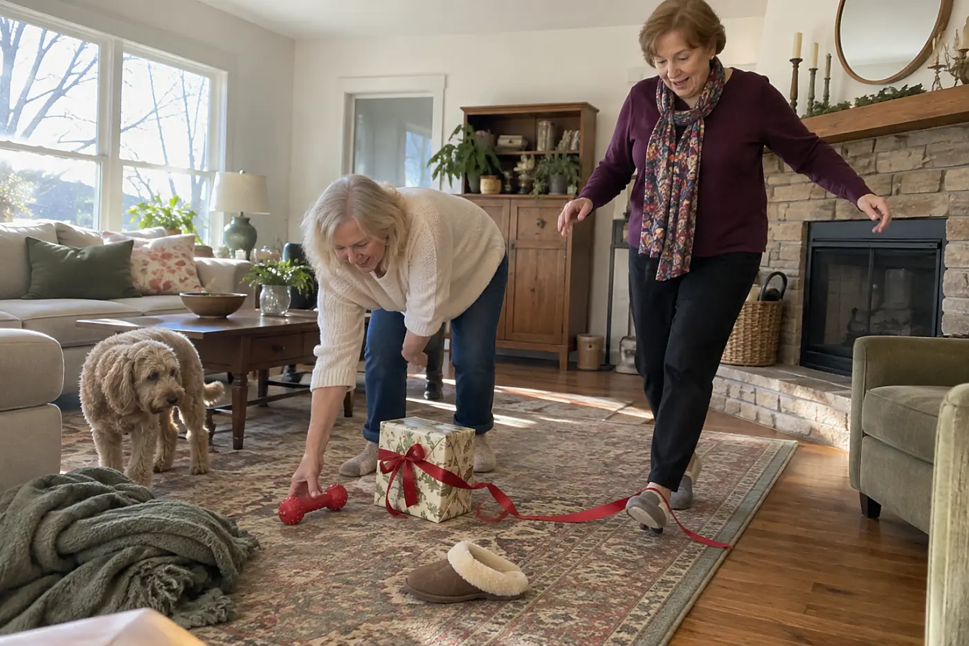 An older woman picks up a chew toy from the floor beside a wrapped gift.