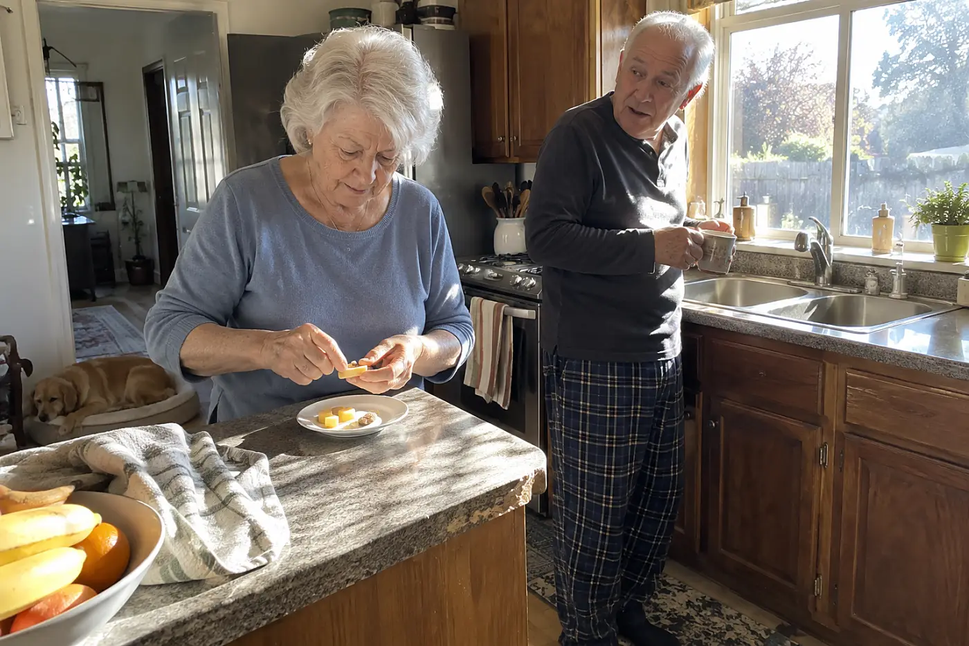 An older woman presses a pill into a piece of cheese at her kitchen counter.