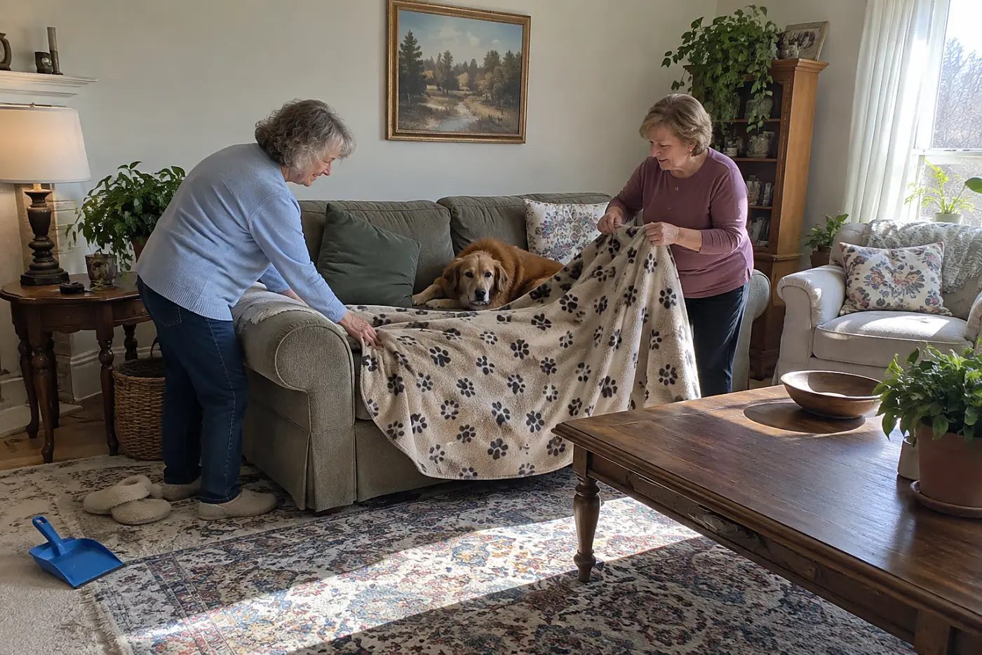 An older woman folds a pet's blanket on her living room sofa.
