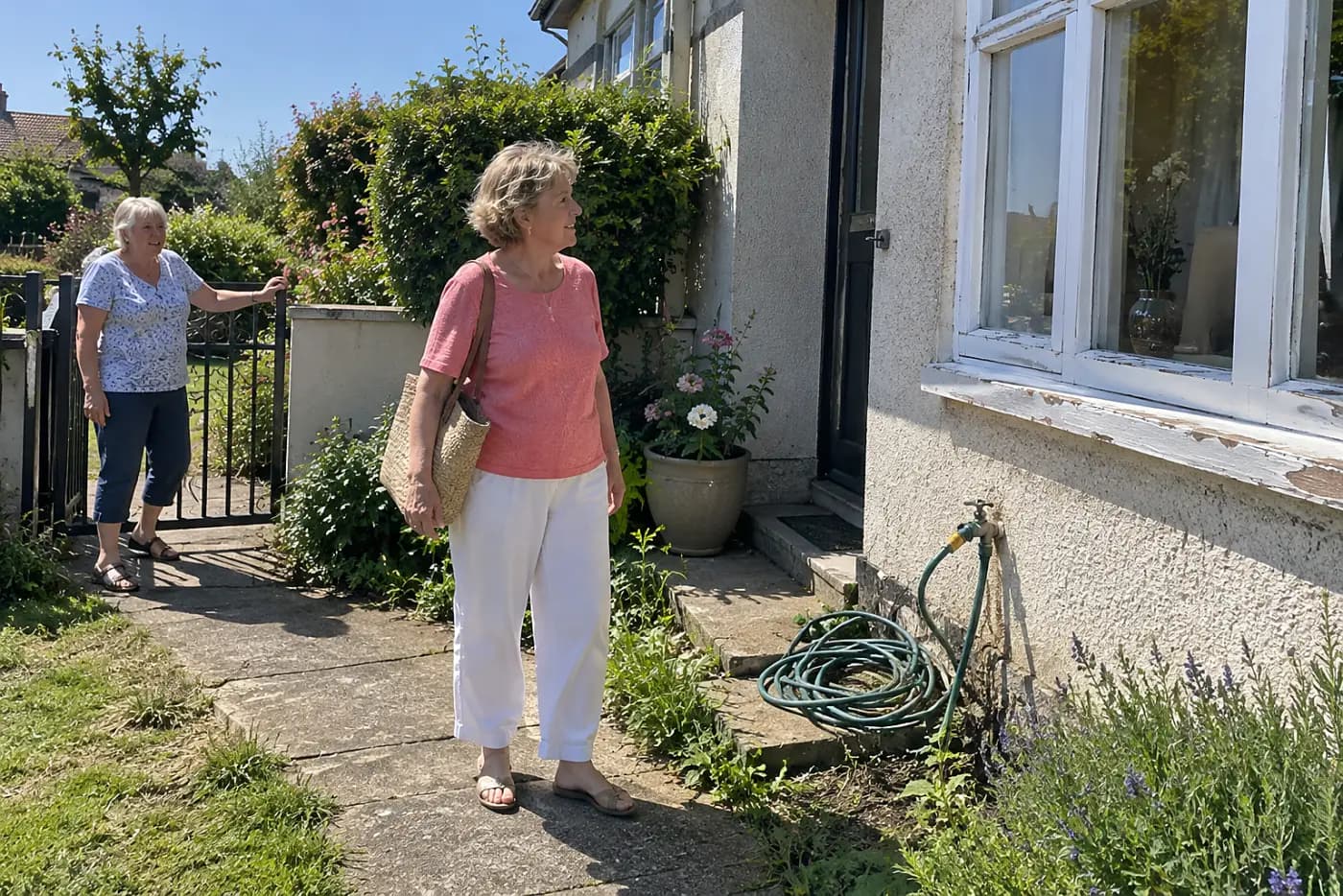 An older woman stands outside her house and looks toward a sunlit front window.