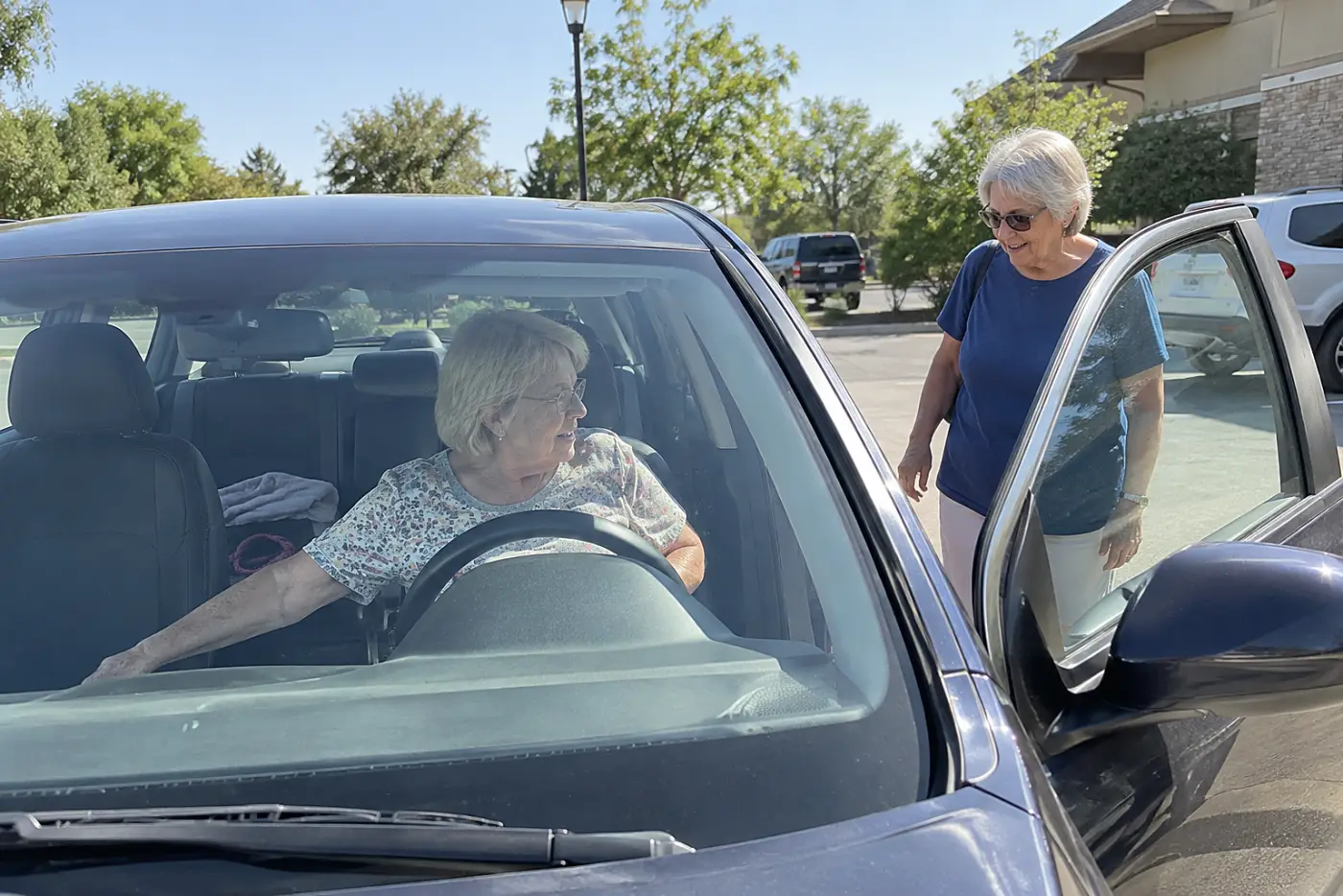 An older woman sits in her parked car outside a veterinary clinic, reaching toward the empty passenger seat.