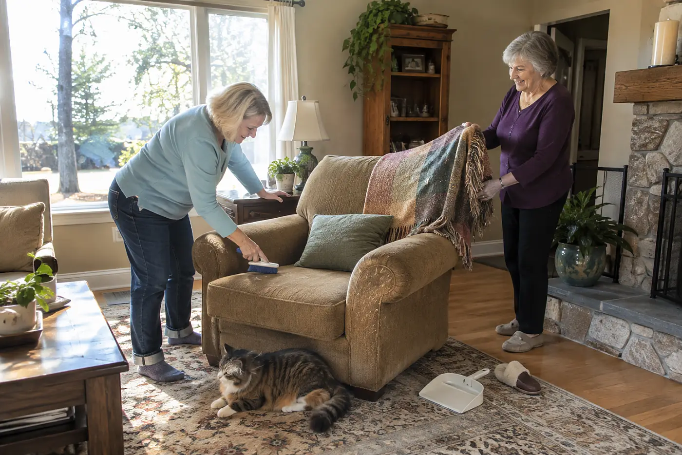 An older woman brushes pet hair from an armchair in her living room.