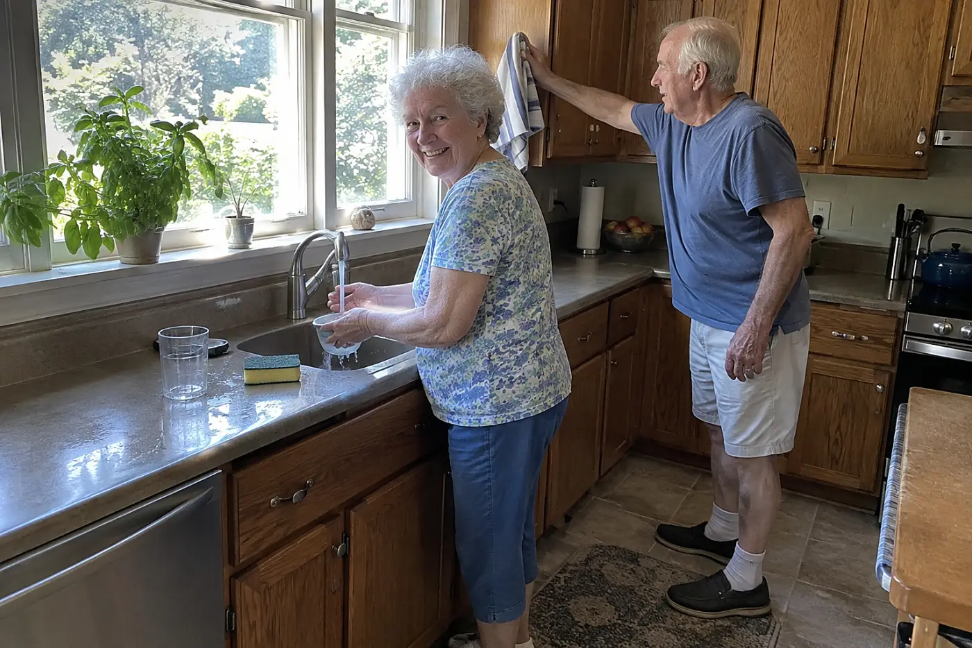 An older woman rinses a small food dish at her kitchen sink.