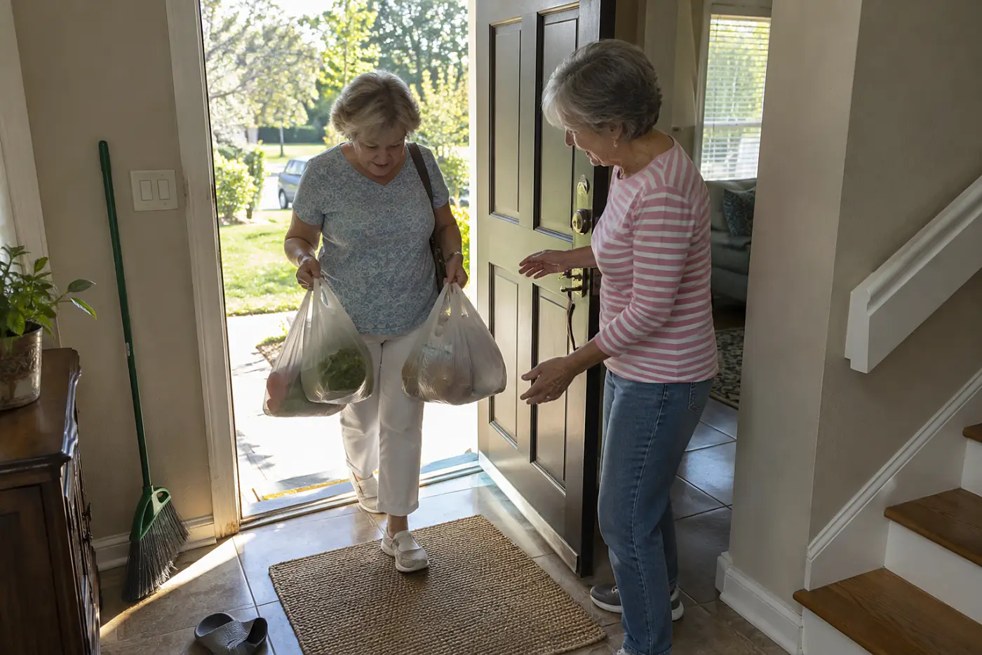An older woman carries grocery bags through her front door and looks down at the empty mat.