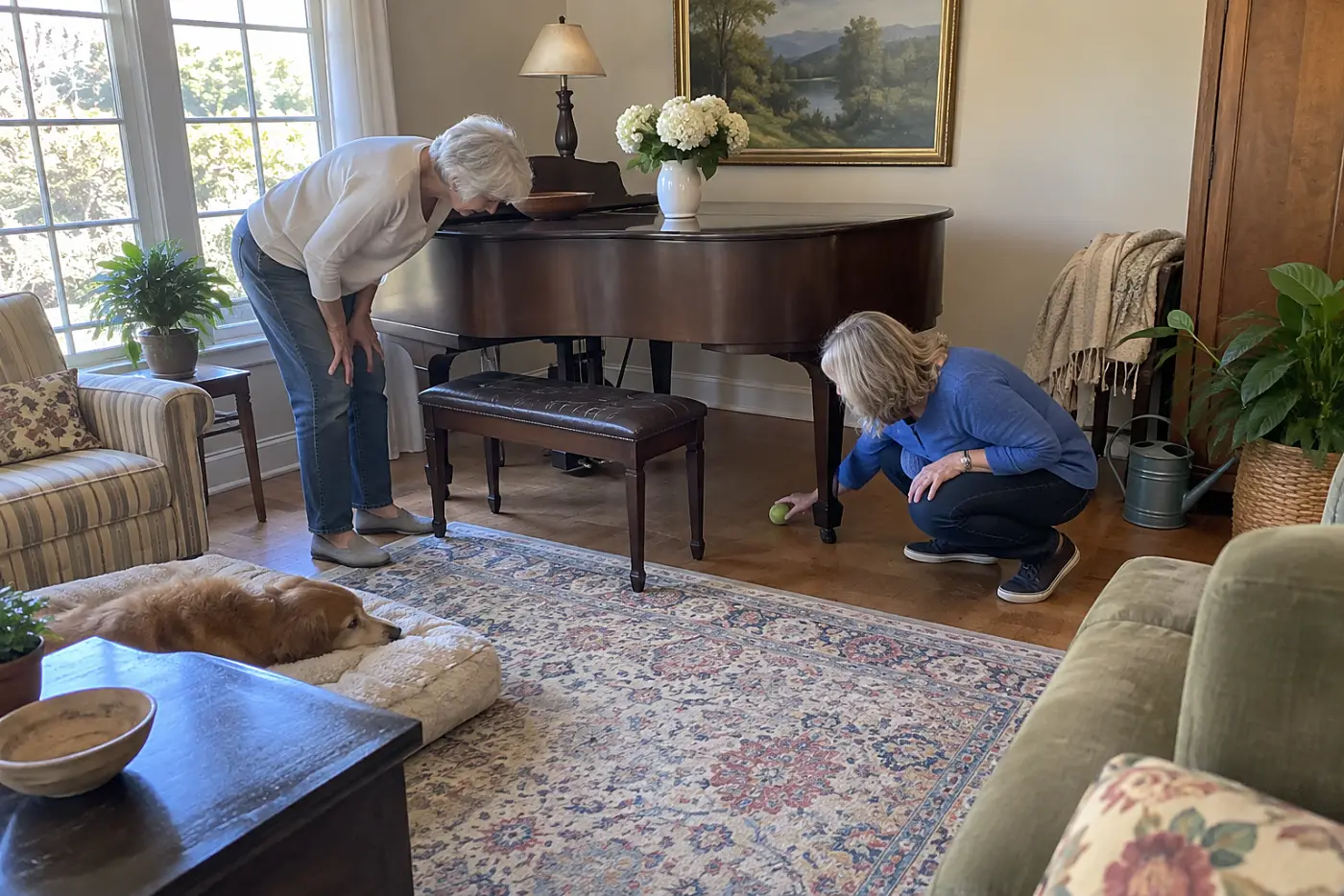An older woman bends to look beneath a piano in her living room.