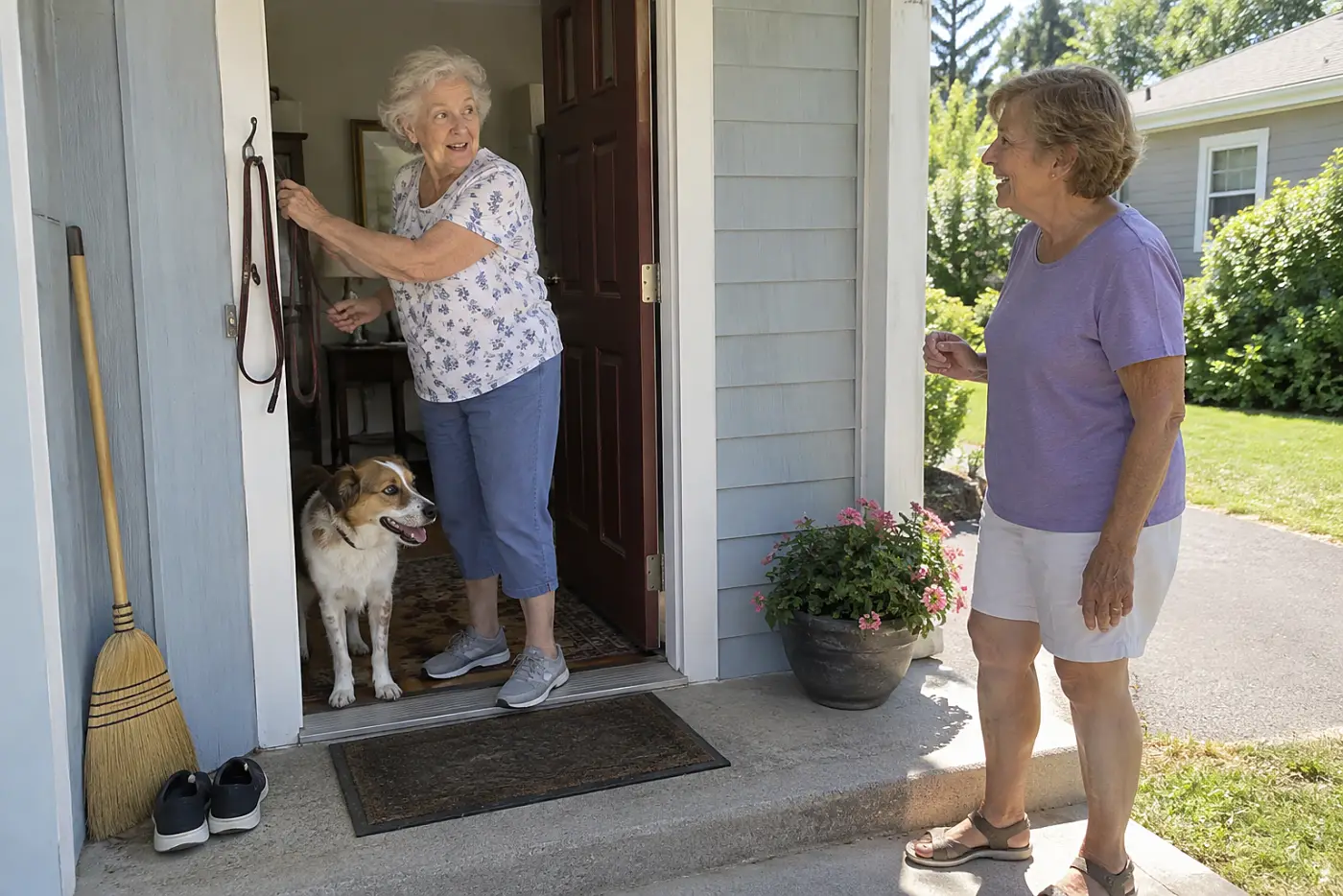 An older woman takes a leash from a hook beside her front door.