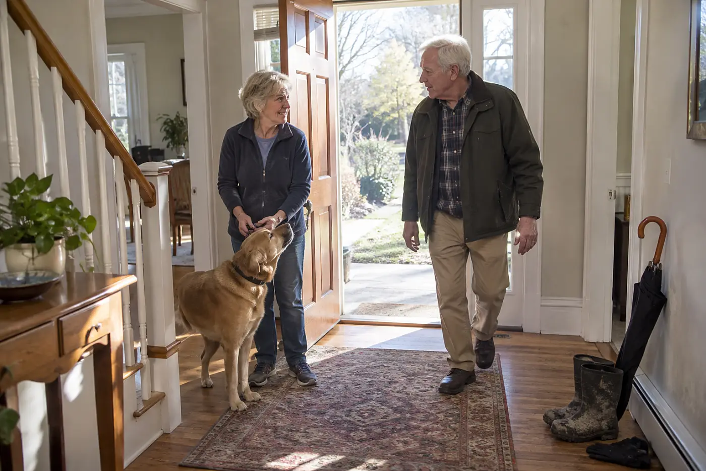 An older woman stands in her front hall holding a dog's collar in both hands.