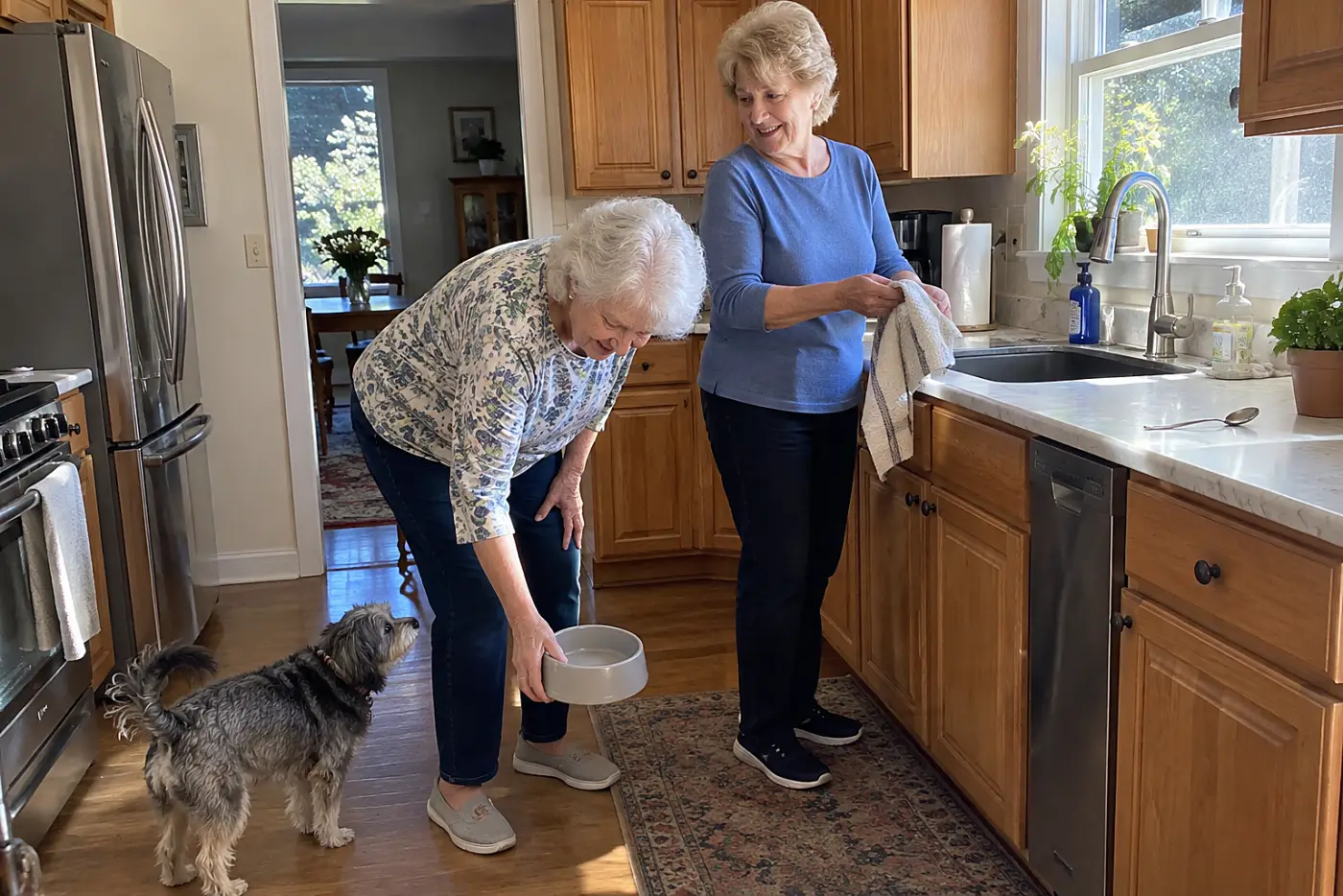 An older woman lifts an empty water bowl from the floor beside her kitchen sink.