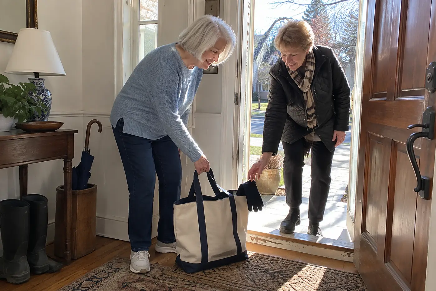 An older woman puts down her bag beside the mat at her front door.