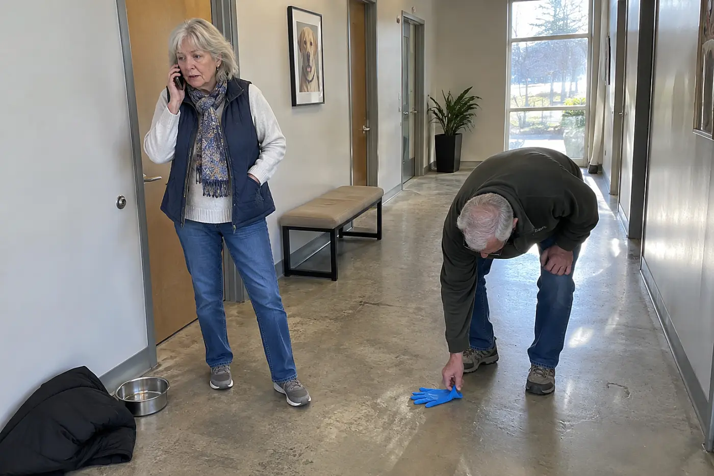 An older woman holds a phone to her ear in the hallway outside a veterinary exam room.