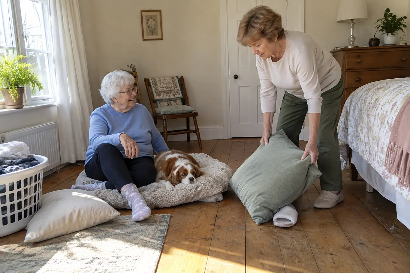 An older woman sits on the floor beside a pet blanket in her bedroom.