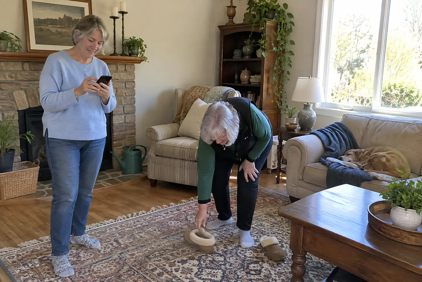 An older woman stands beside her living room rug and looks at a pet photograph on her phone.