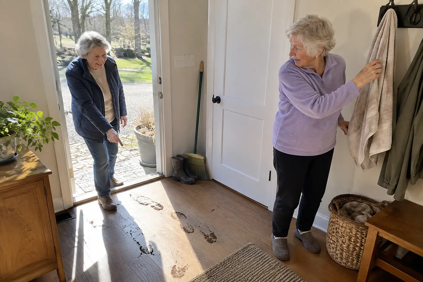 An older woman takes a towel from a hook beside her back door.