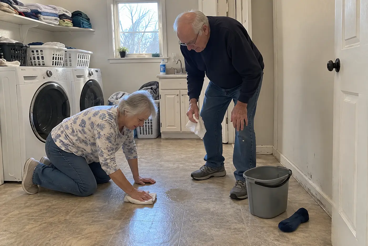 An older woman kneels to wipe a spot from the floor of her laundry room.