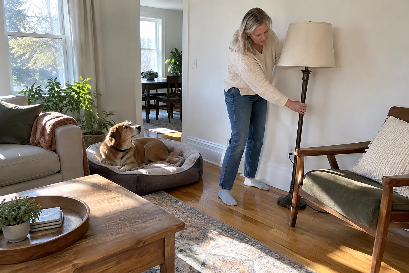 Woman in her fifties moving a lamp in the living room while her dog watches from his bed.