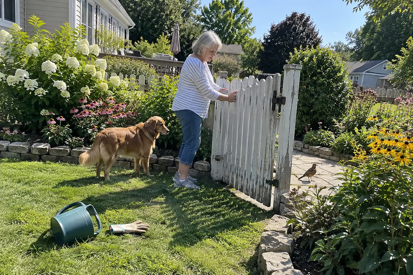 Woman in her sixties closing a yard gate while her dog waits beside her.