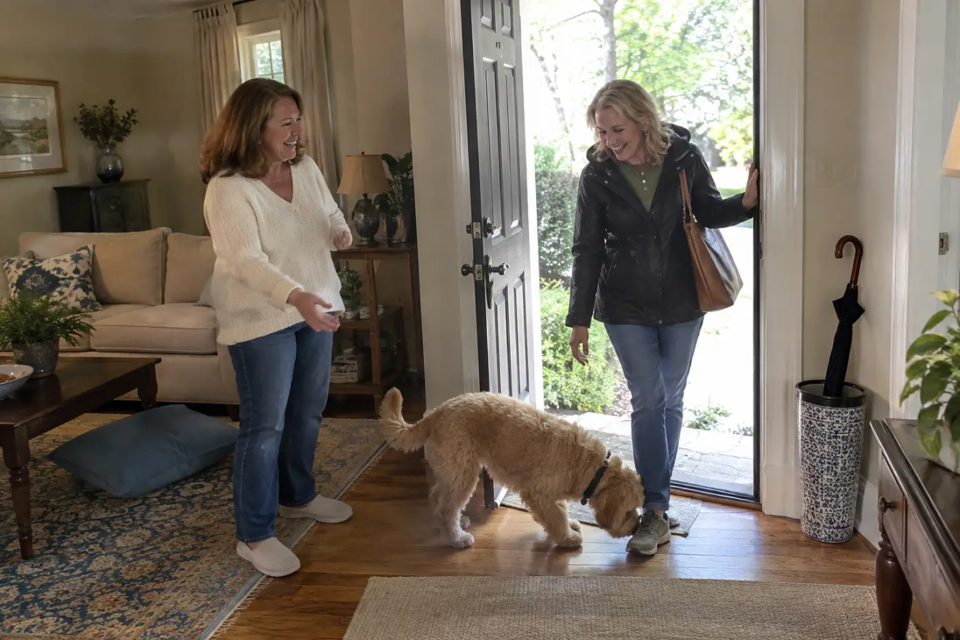 Woman in her fifties welcoming a friend into the living room as her dog sniffs the friend’s shoe.