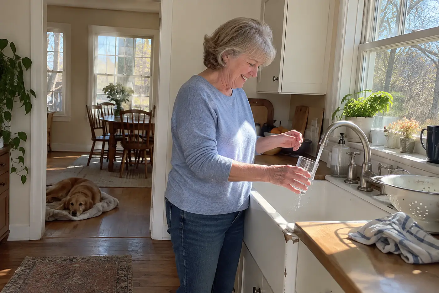Woman in her sixties filling a glass at the sink while her dog sleeps on a blanket nearby.