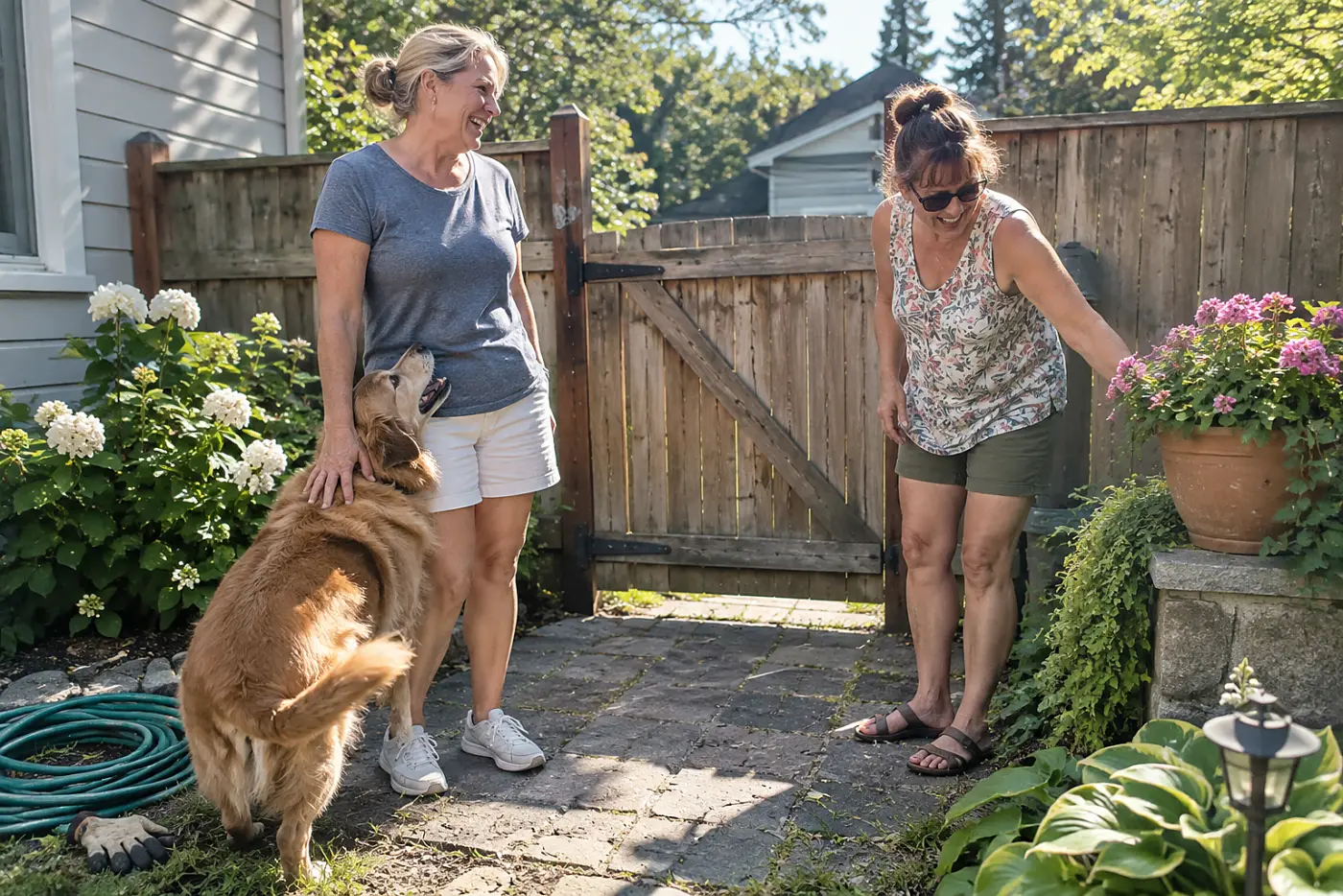 Woman in her fifties talking with a neighbor at a front gate while her dog leans against her leg.