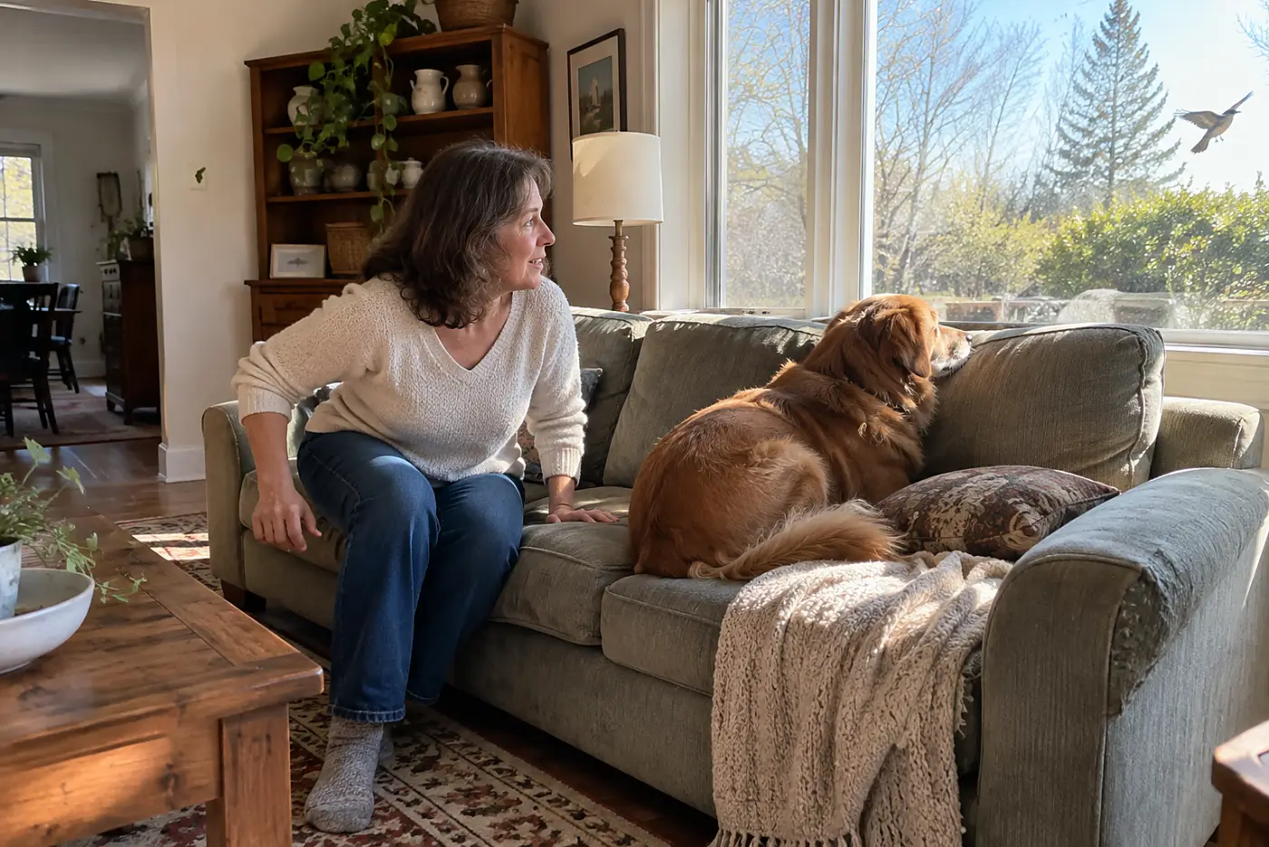 Woman in her fifties sitting on a sofa with her dog resting beside her, facing away.