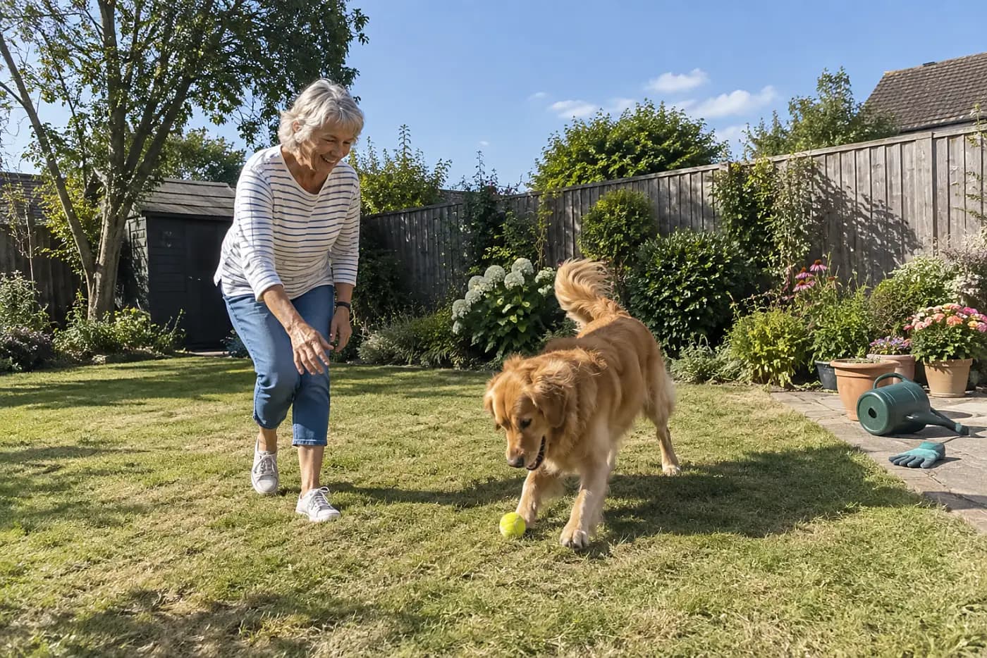 Woman in her sixties reaching for a ball her dog has dropped on a patch of lawn.