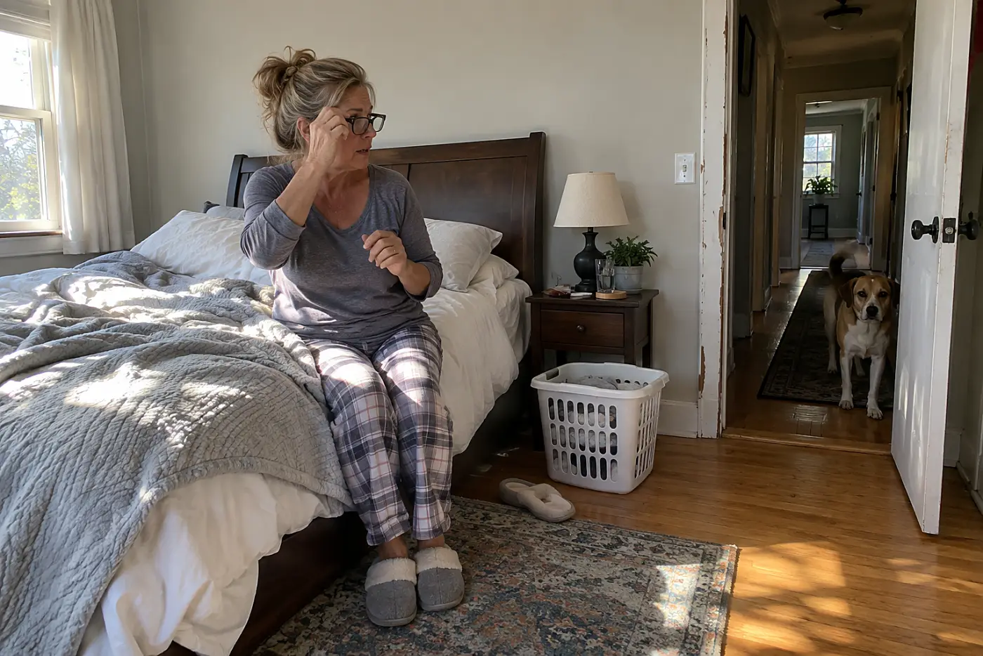 Woman in her fifties putting on glasses beside her bed while her dog waits at the bedroom door.