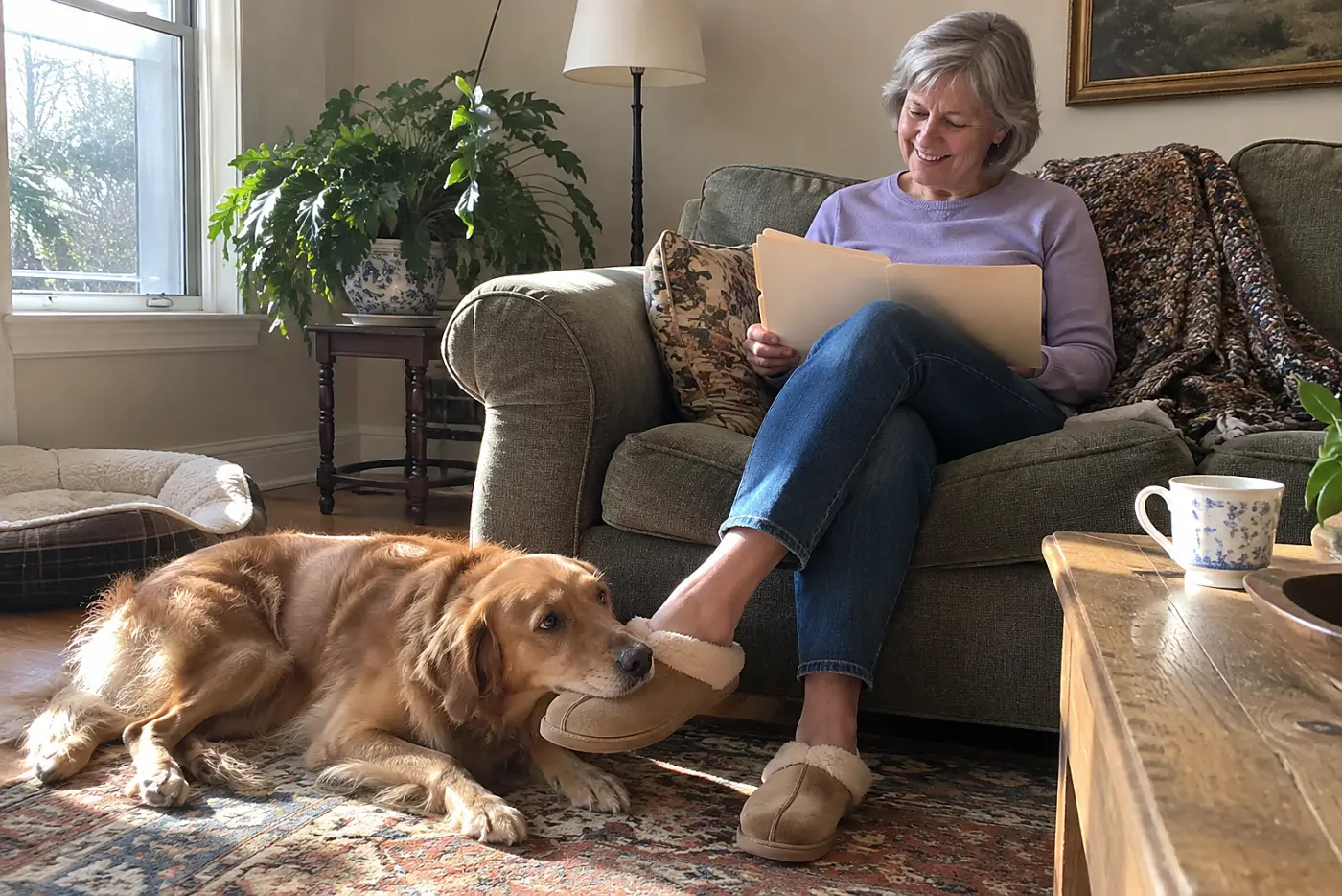 Woman in her sixties reading on a couch while her dog rests his chin on her slipper.