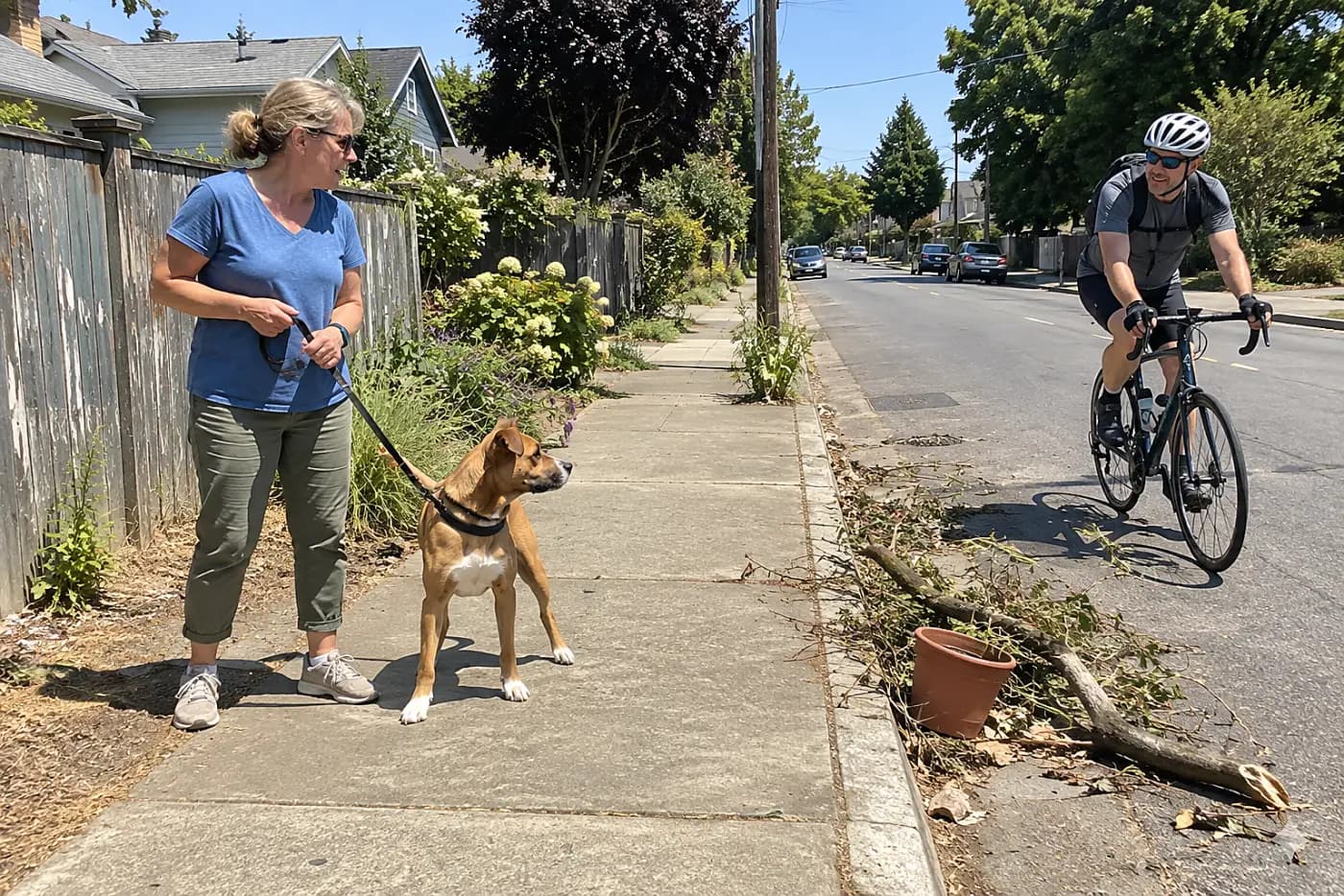 Woman in her fifties holding her dog’s leash on a sidewalk as a cyclist passes.