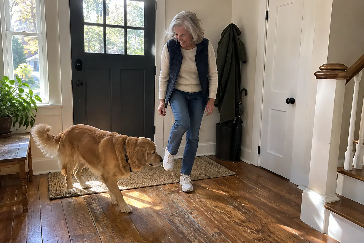 Woman in her sixties taking off her shoes in the entryway as her dog walks toward her.
