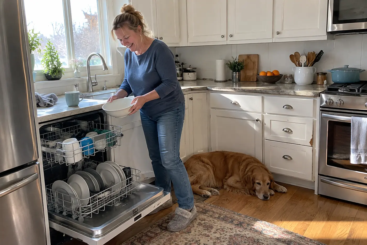 Woman in her fifties unloading the dishwasher while her dog rests nearby.
