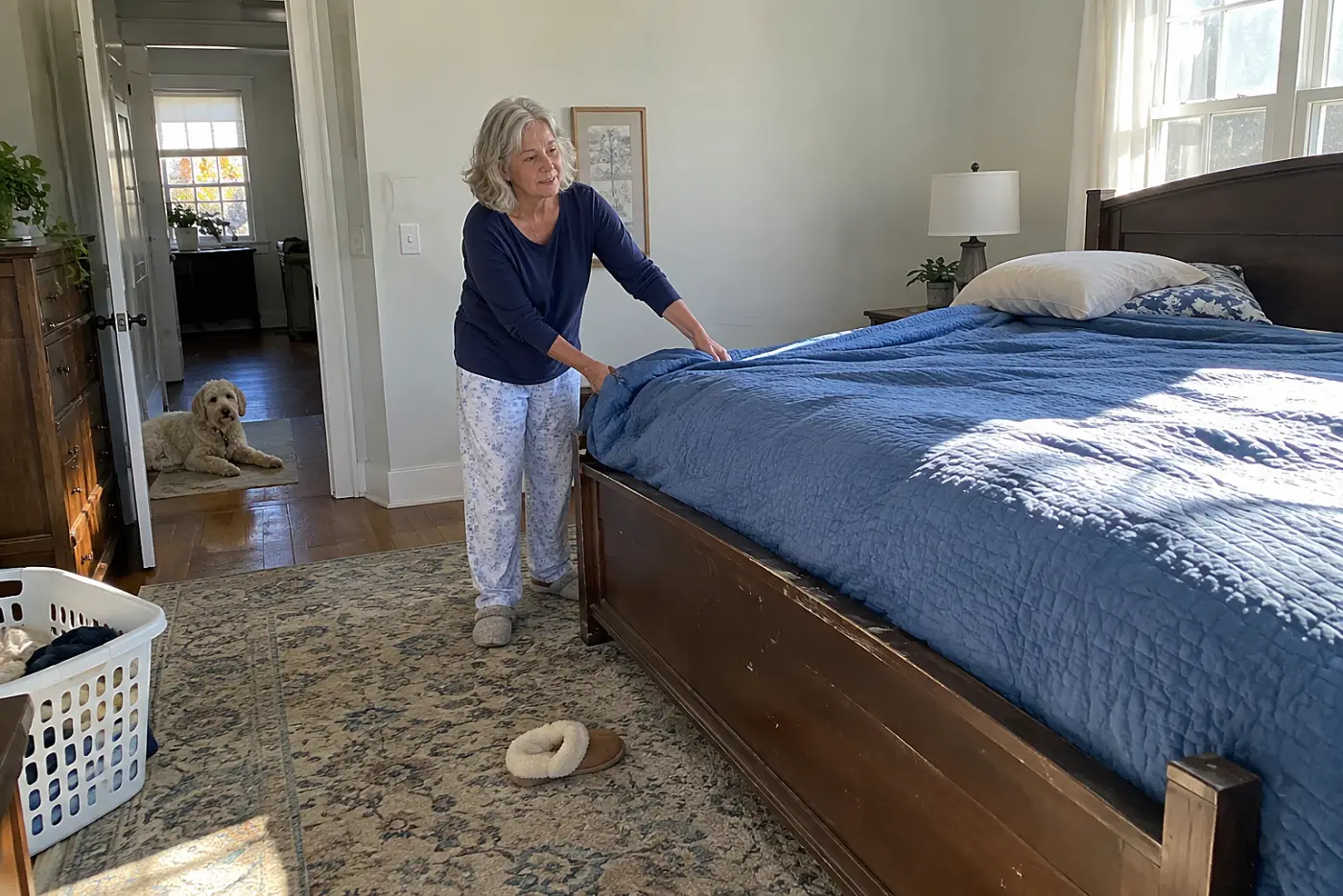 Woman in her sixties changing a bedspread while her dog rests in the bedroom doorway.