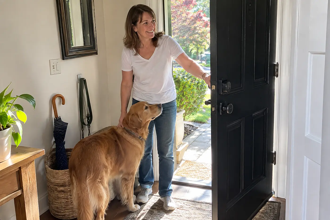 Woman in her fifties opening the front door while her dog waits beside her leg.