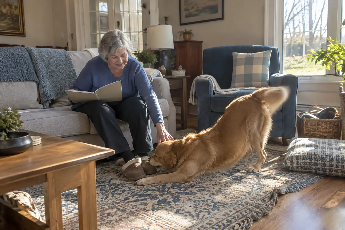 Woman in her sixties reading in the living room while her dog stretches out on the rug.