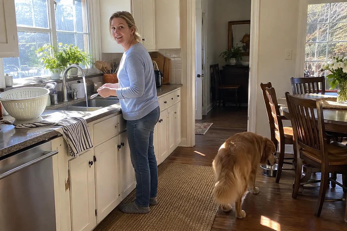 Woman in her fifties rinsing a spoon at the kitchen sink while her dog walks toward his bowl.