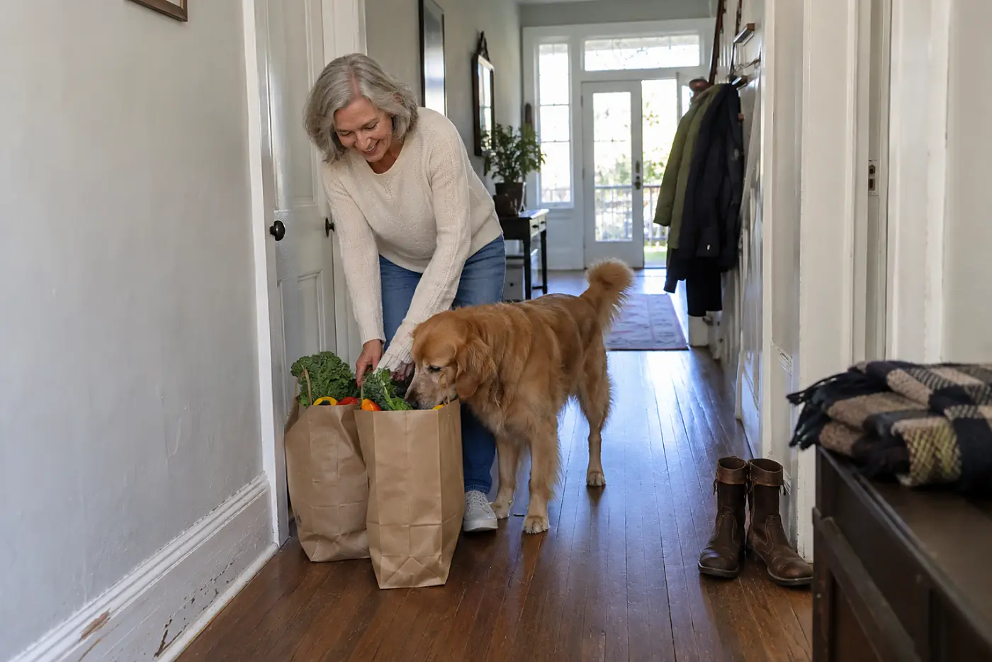 Woman in her sixties setting grocery bags on a hallway floor while her dog sniffs one.