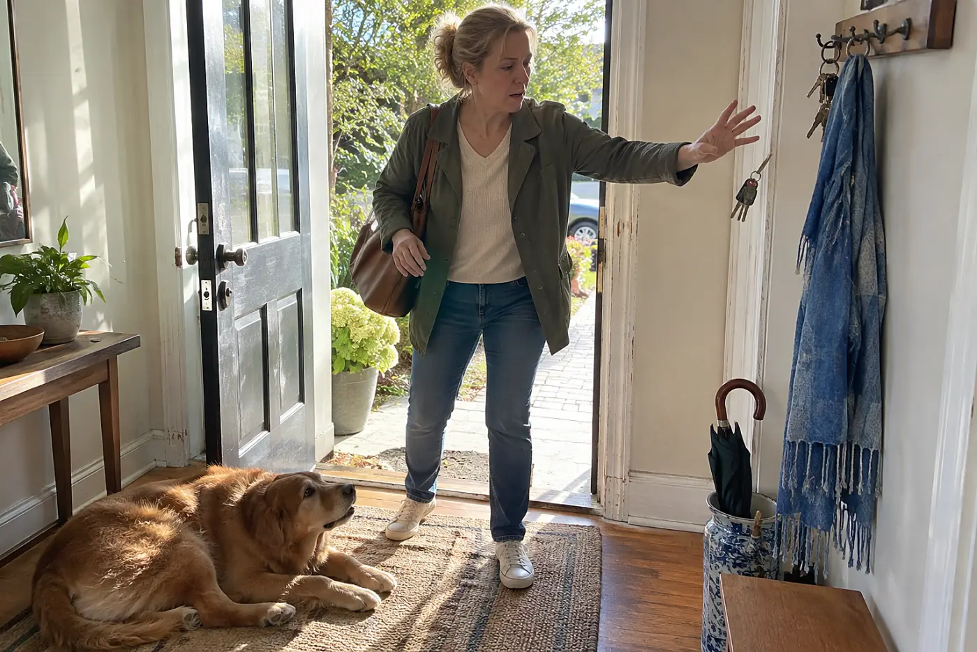 Woman in her fifties picking up her keys by the front door while her dog rests on the rug.