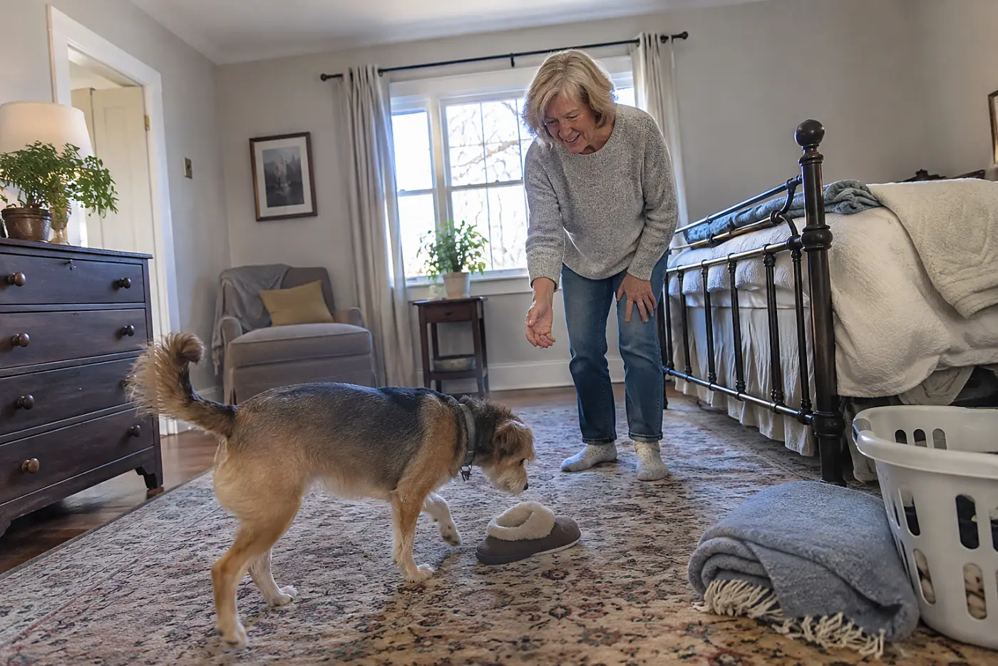 Woman in her sixties holding out her hand as her dog approaches across a bedroom rug.