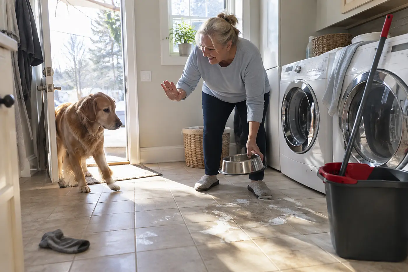 Woman in her sixties setting her dog’s bowl on the laundry-room floor after mopping.