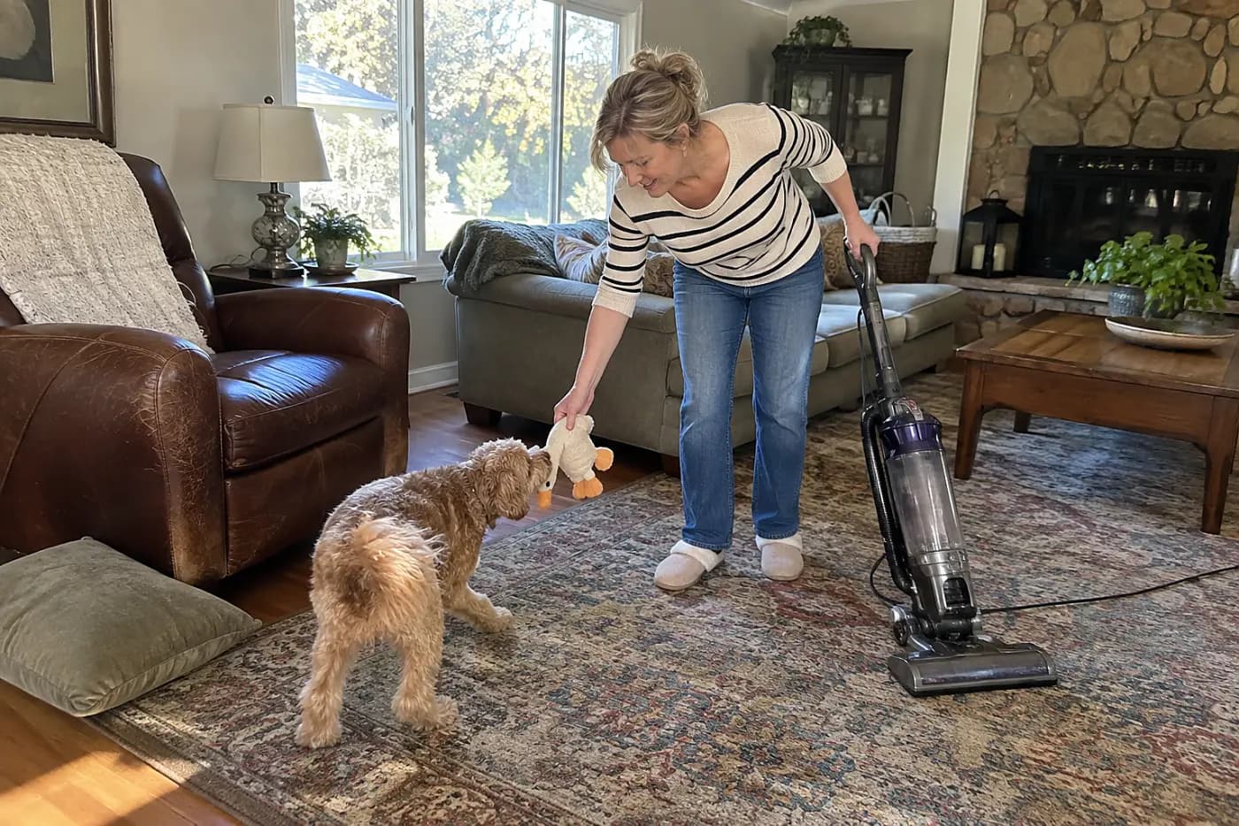 Woman in her fifties picking up a stuffed duck beside her armchair before vacuuming.
