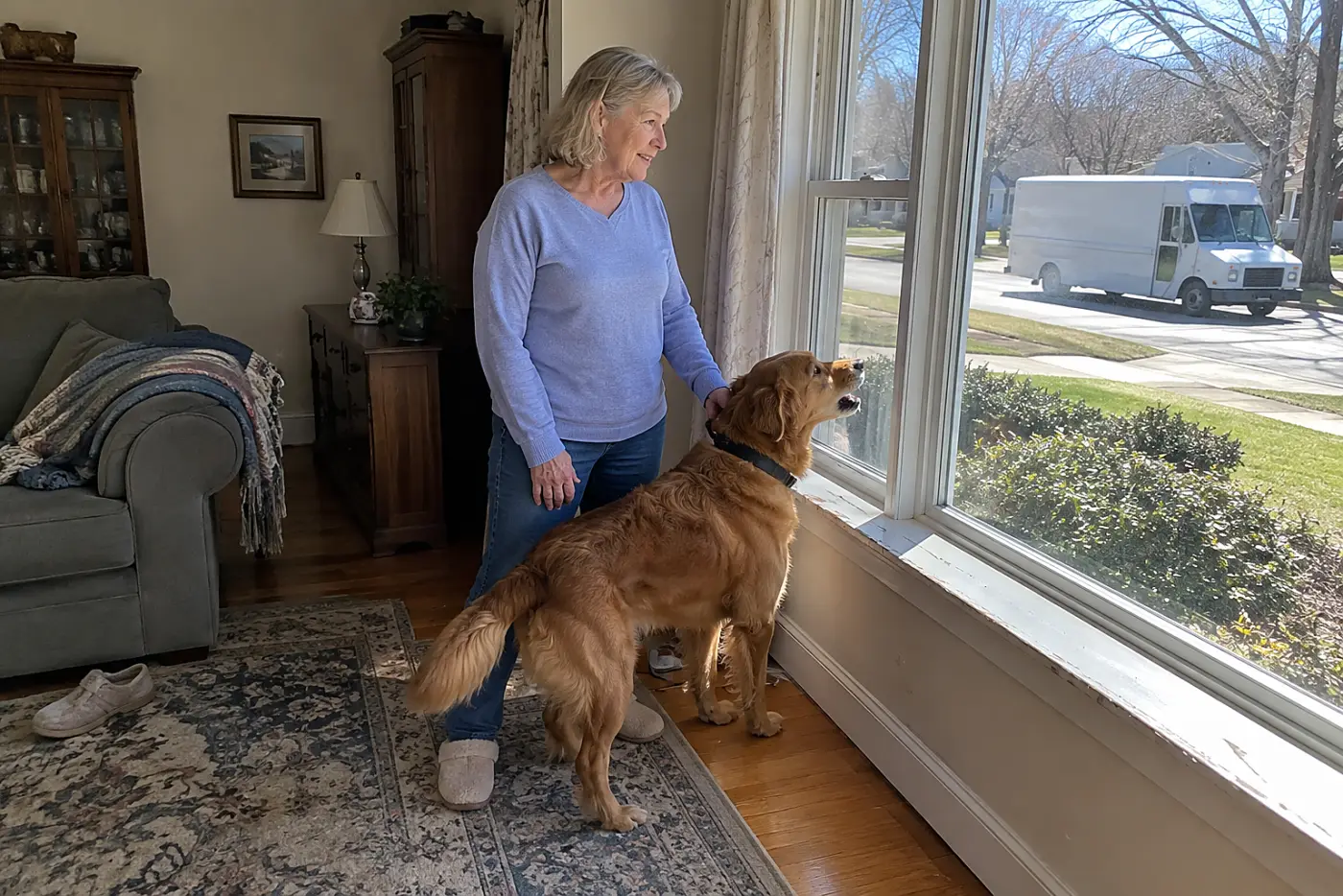 Woman in her sixties standing beside her dog at a living-room window as a delivery truck passes.