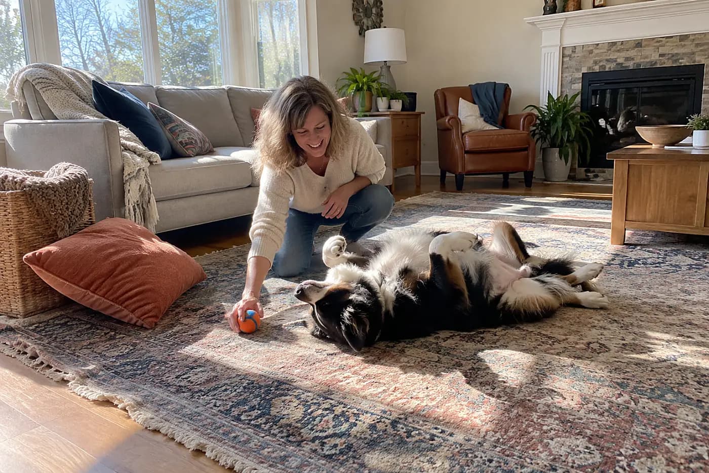 Woman in her fifties pausing a game as her dog rolls onto his back on the living-room rug.