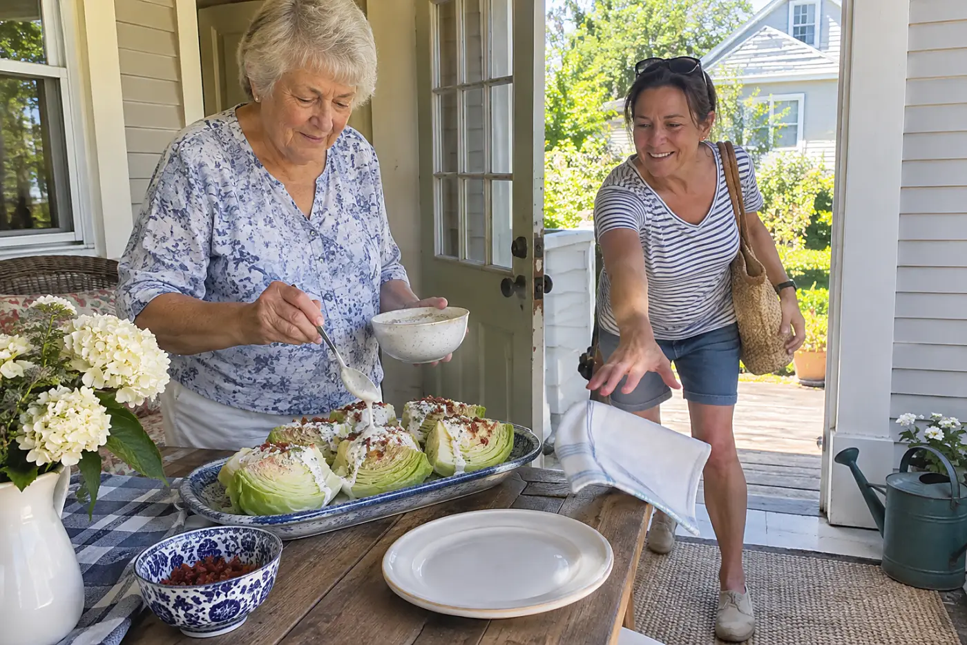 An older woman spoons blue cheese dressing over iceberg wedges beside a porch door.