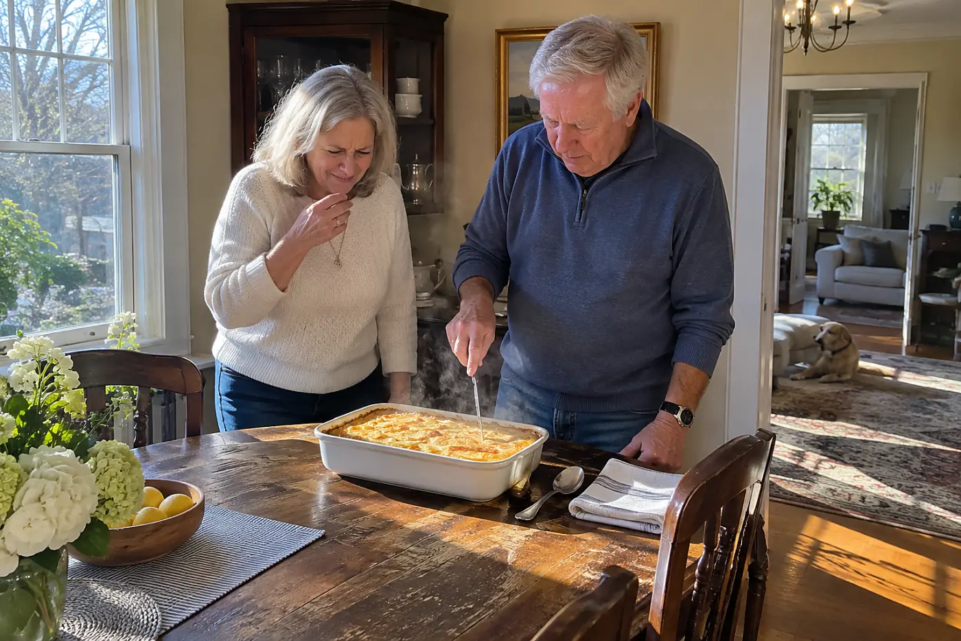 An older man tests a dish of scalloped potatoes with a knife in a dining room.