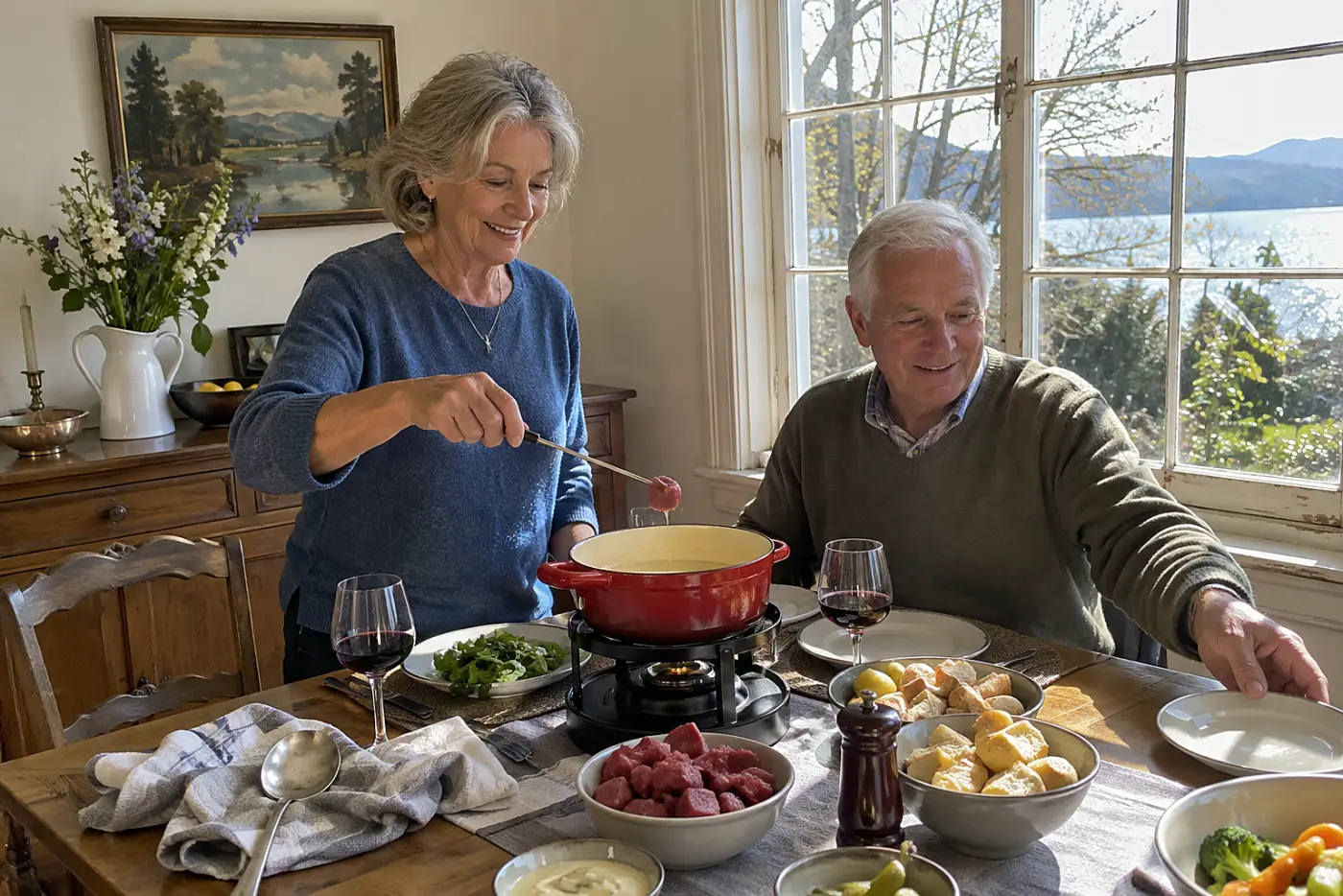 An older woman lowers a piece of beef into a fondue pot by a dining-room window.