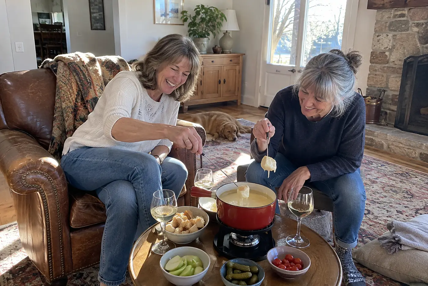 Two friends dip bread cubes into cheese fondue beside a living-room armchair.