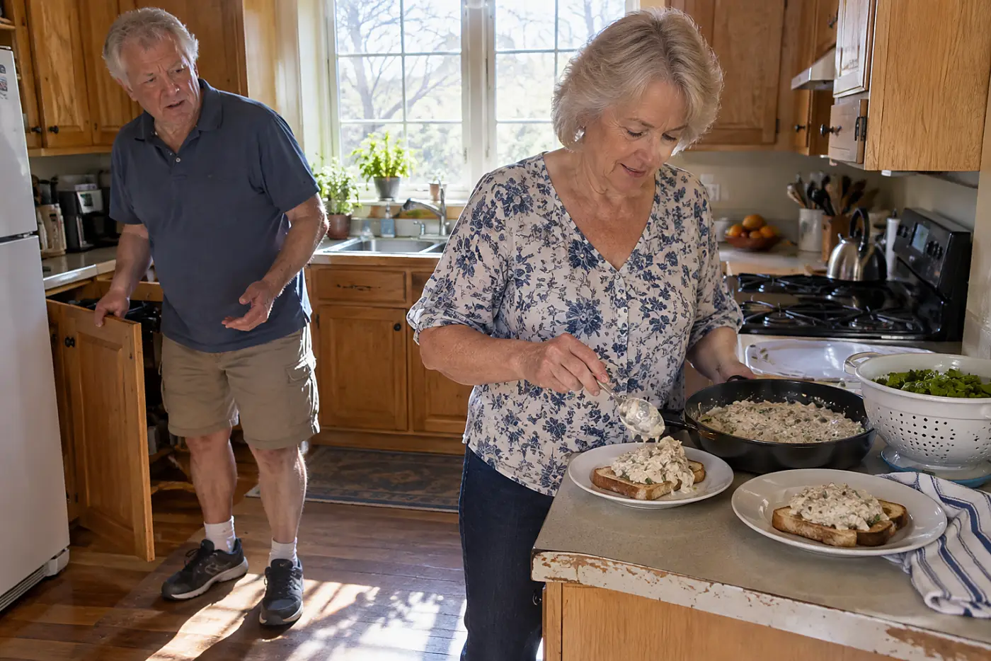 A woman spoons creamed chicken onto toast at a kitchen counter.