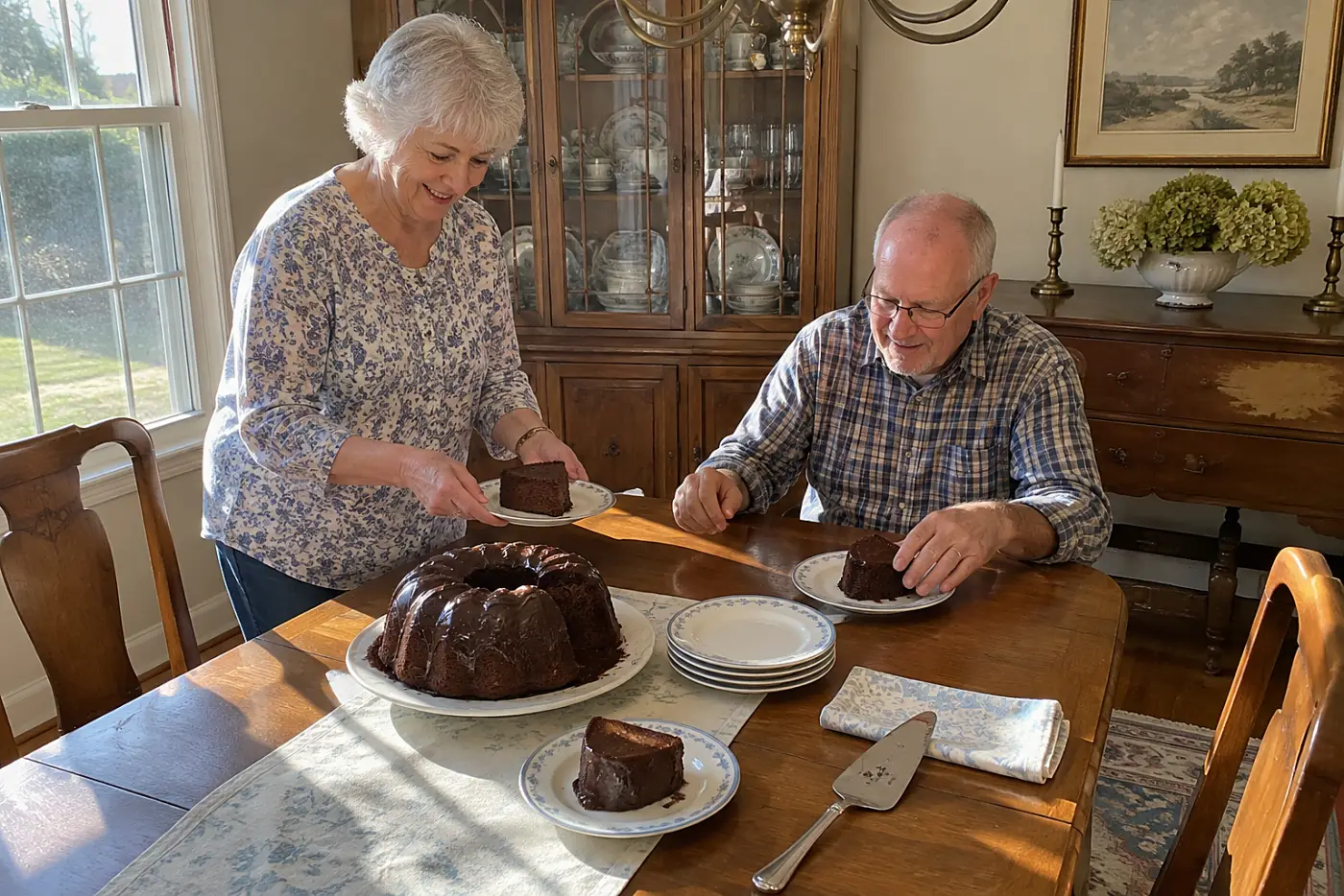 An older woman places slices of Tunnel of Fudge Cake on dessert plates in a dining room.
