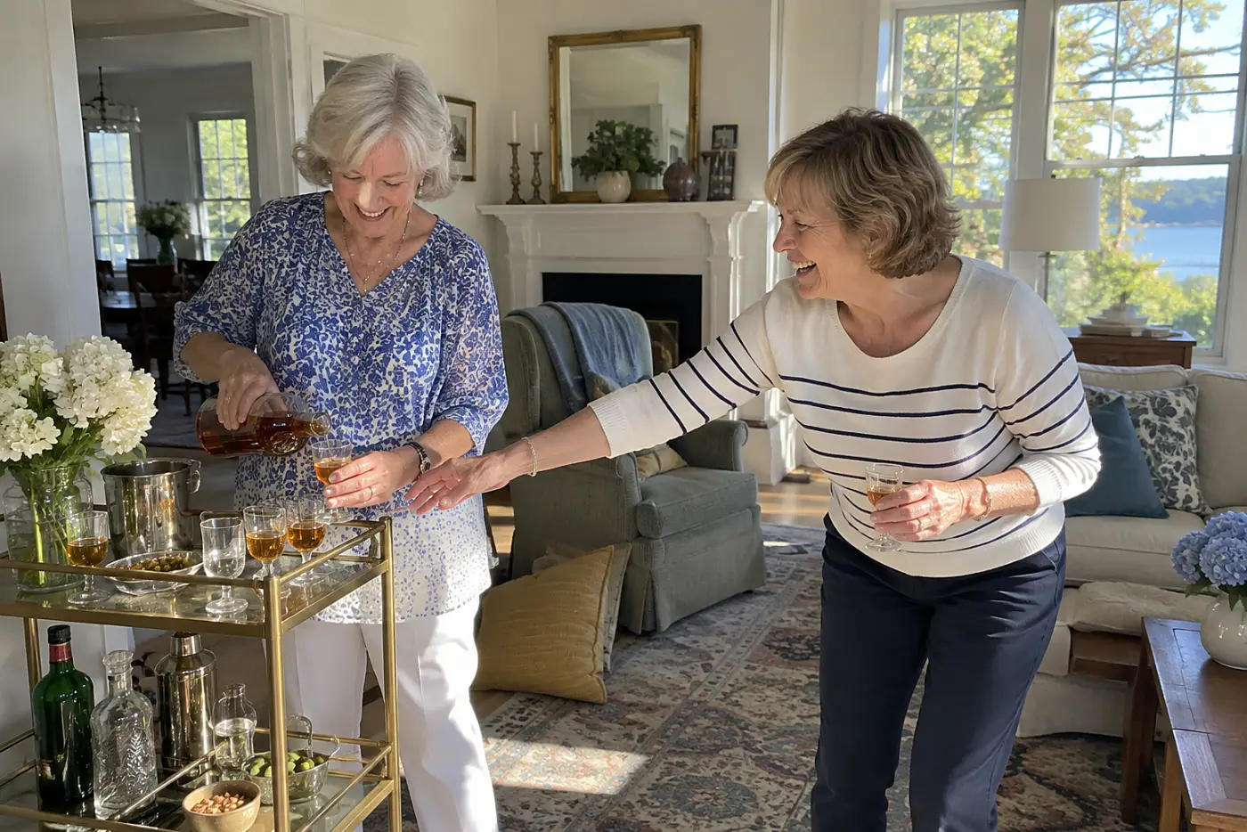 An older woman pours sherry into small glasses beside a bar cart in her living room.