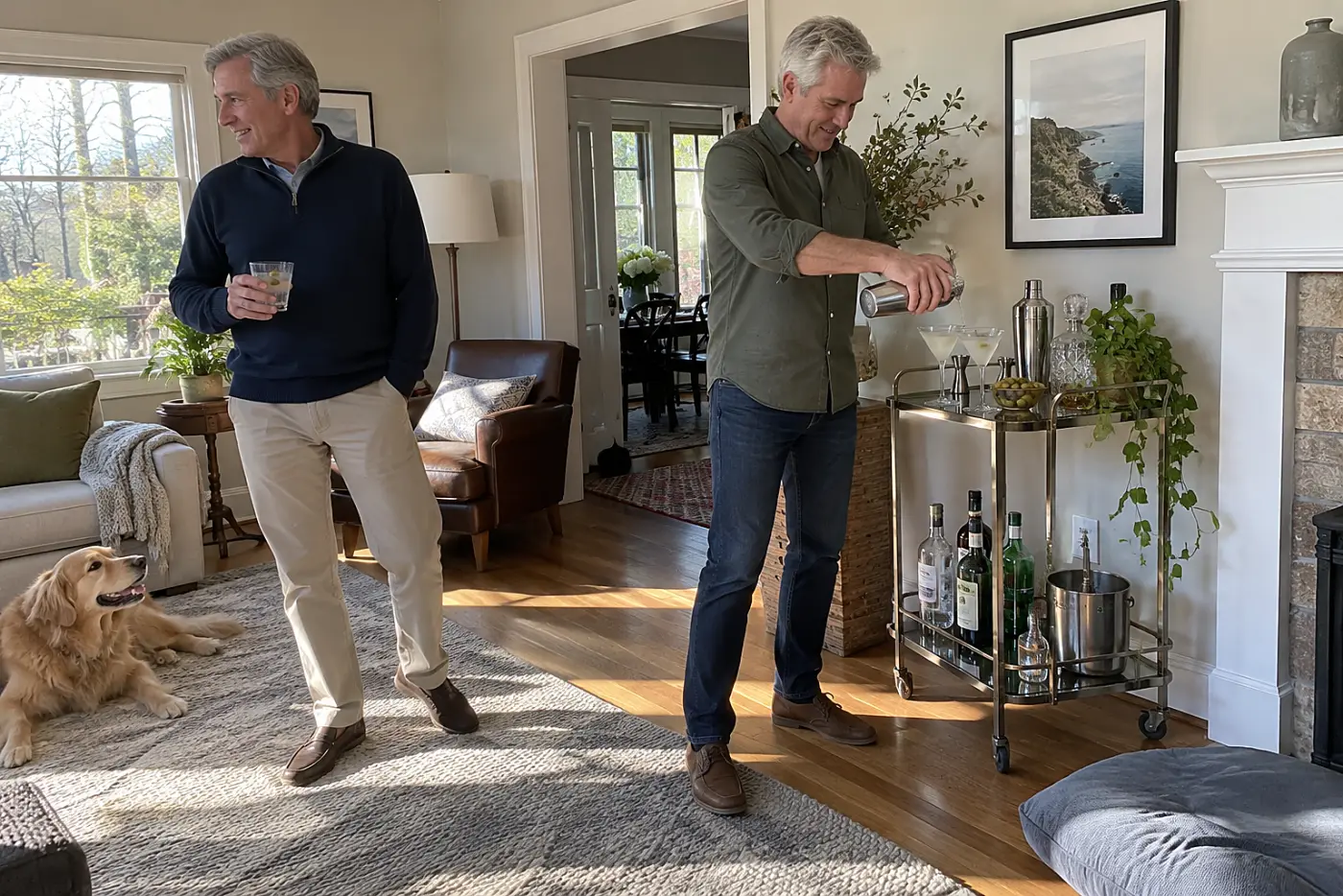 An older man strains a Martini into two glasses beside a living-room bar cart.