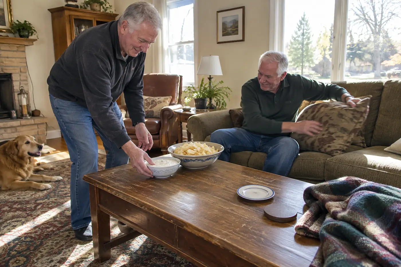 A man sets onion dip and potato chips on a coffee table in his living room.